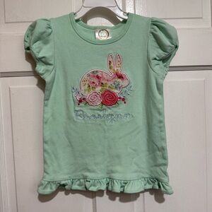 Size 6 Girls Monogrammed “Braelynn” Rabbit Spring Easter Appliqué Green Shirt
